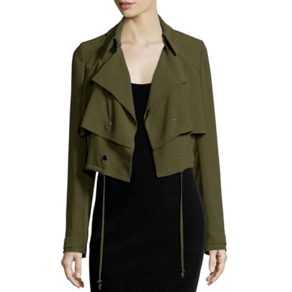HAUTE HIPPIE • Olive Green Cropped Drawstring Trench Jacket - Picture 1 of 16